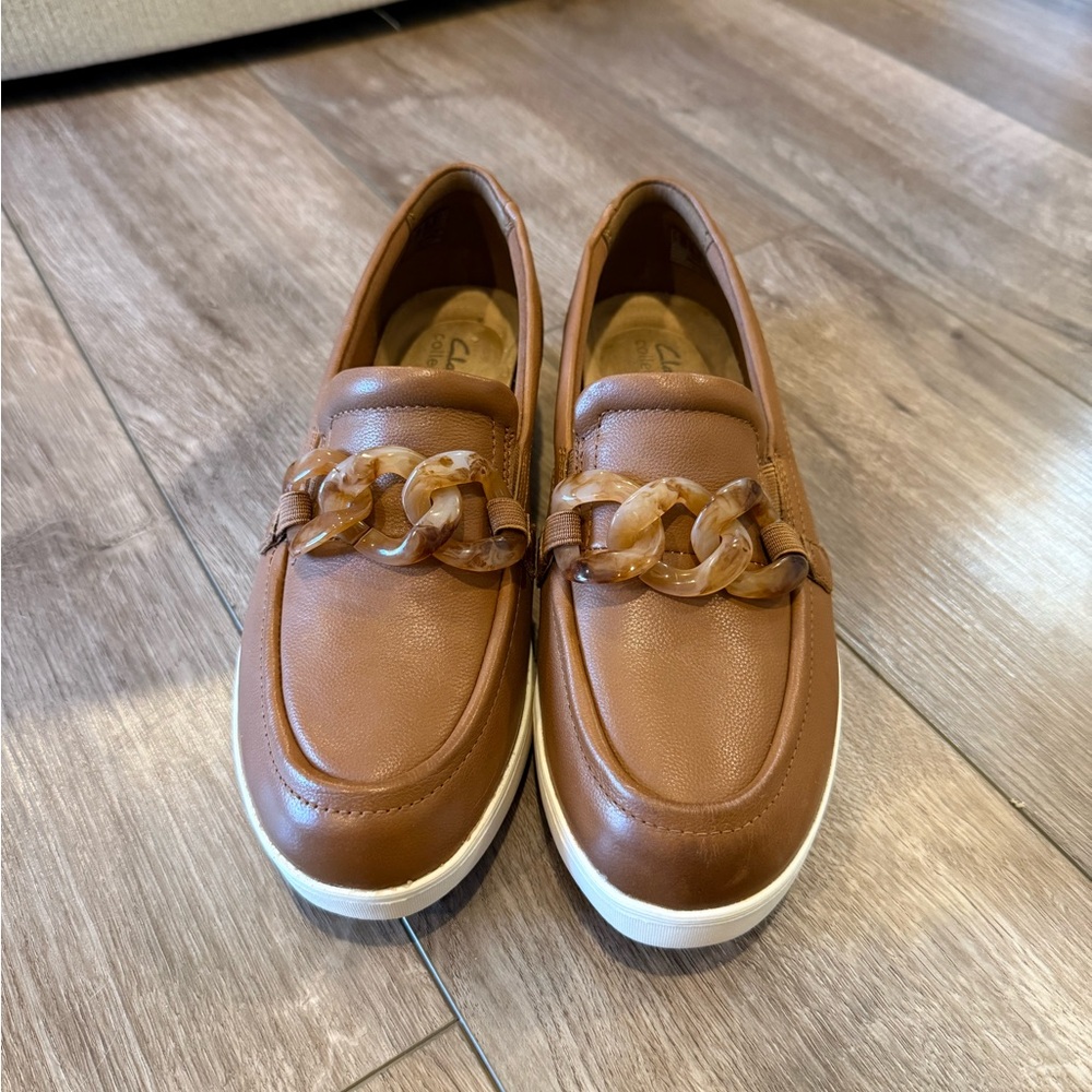 Clarks Tan Loafers with Chain Accent